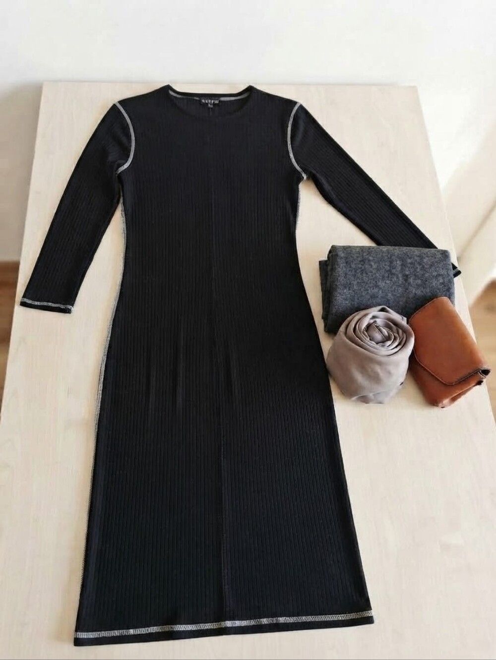 Paniz Black Long Sleeve Ribbed Dress with Silver Contrast Stitching